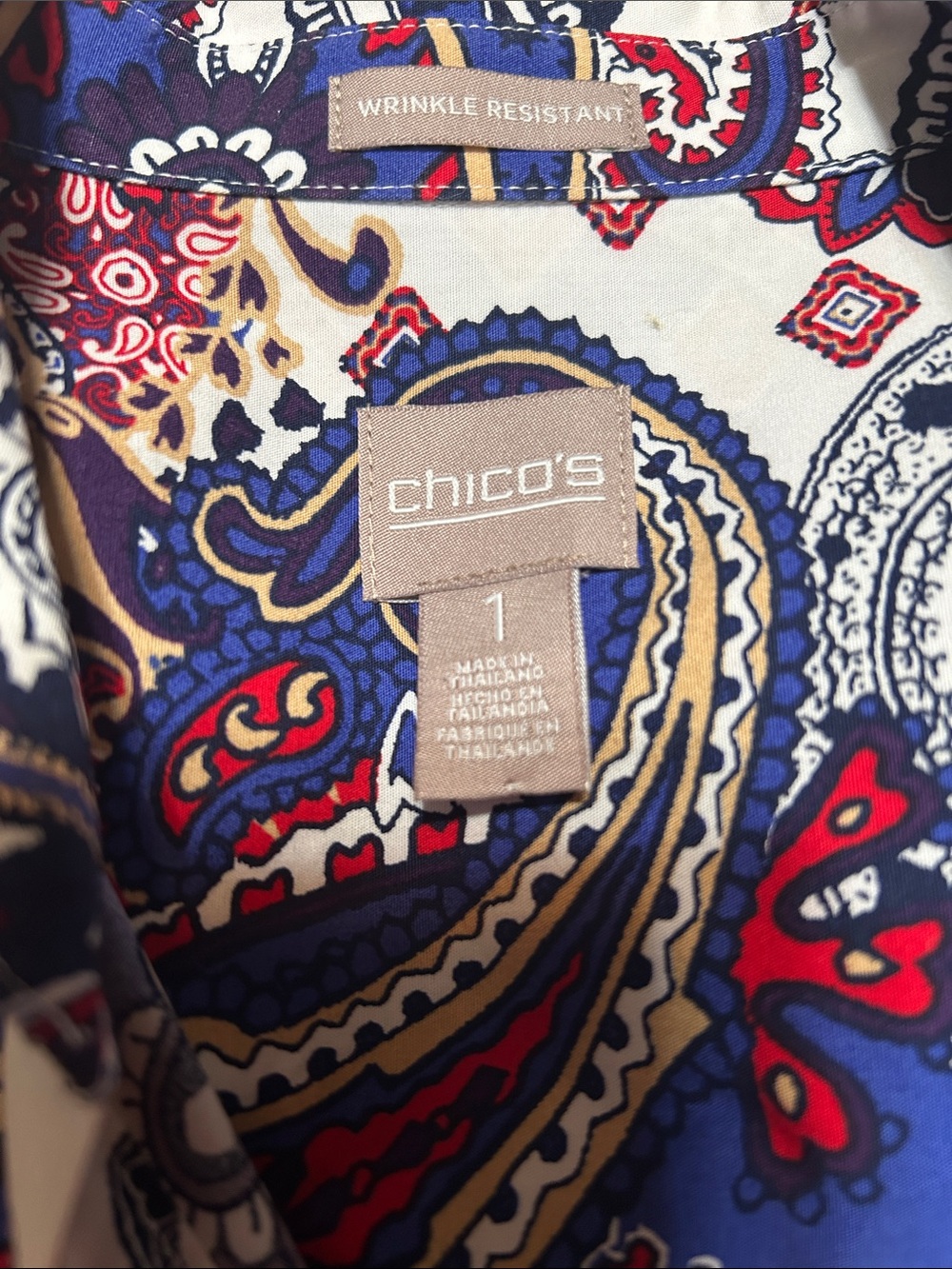 Chico's sz 1 (US 8/10) Paisley Shirt in Navy, Red & White - Picture 2 of 6